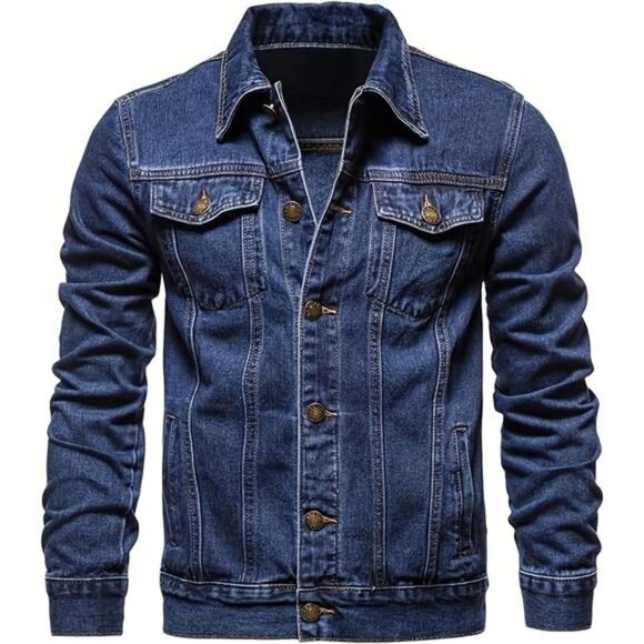 Men's Denim Jacket with Multiple Pockets Deep Blue - Picture 1 of 6